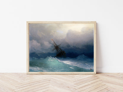Ship on a Stormy Sea poster by Ivan Aivazovsky  - Black frame wall art