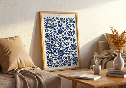 Blue Flower pattern poster by Owen Jones - Neutral room decor with framed print