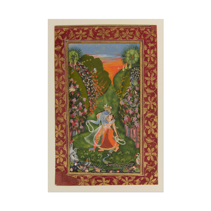 Radha and Krishna embraced in a vibrant floral landscape.