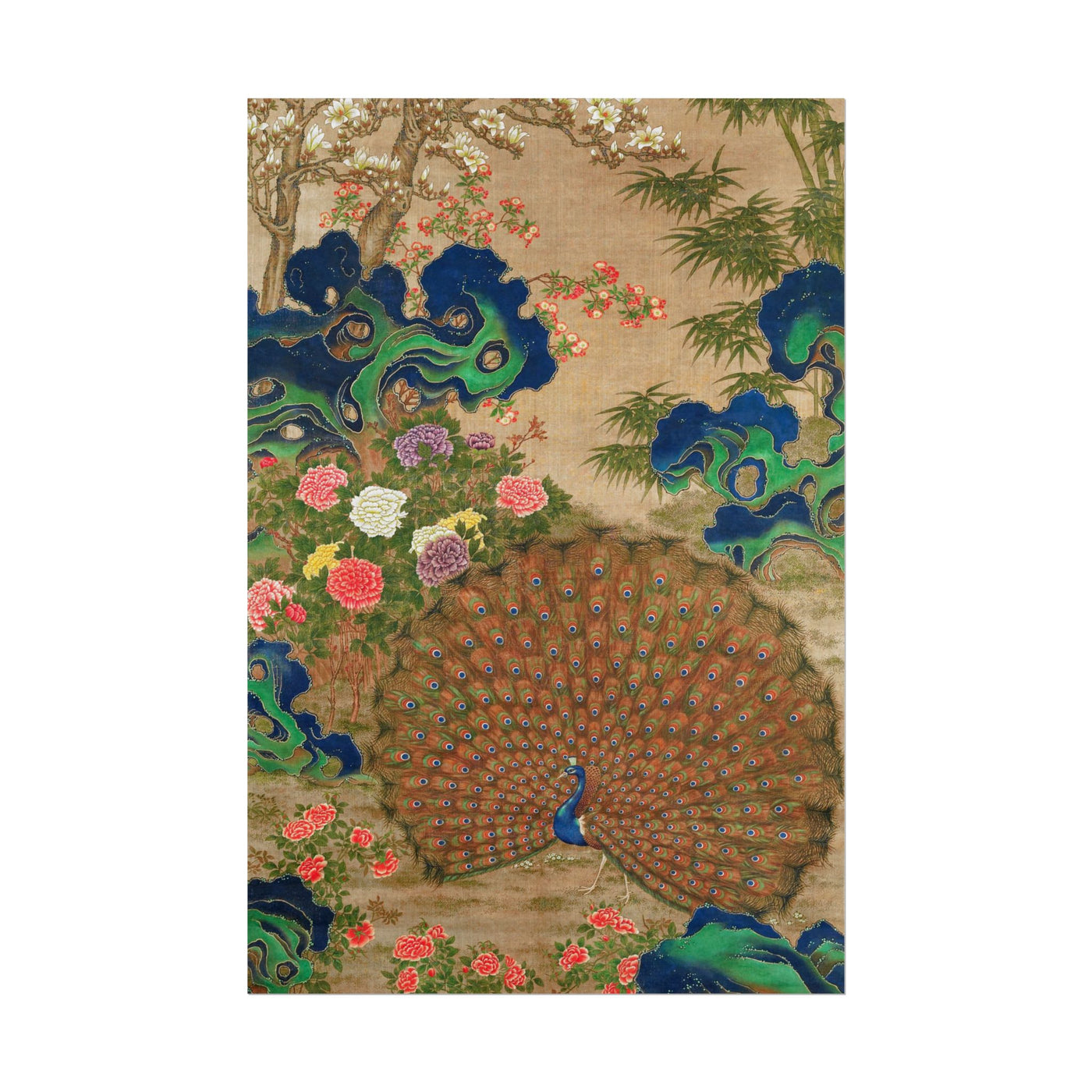 Chinese Peacock and Flowers 12″×18″