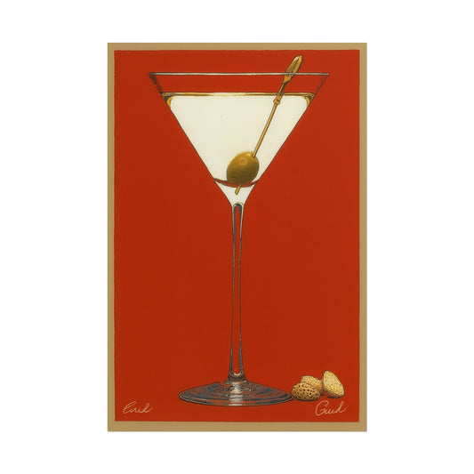 Elegant martini glass with an olive against a red background.
