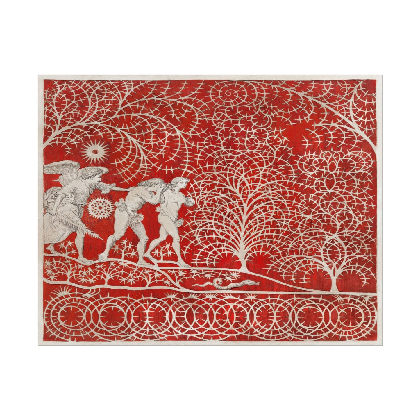 Ethereal figures in an intricate landscape depicting expulsion from Eden.