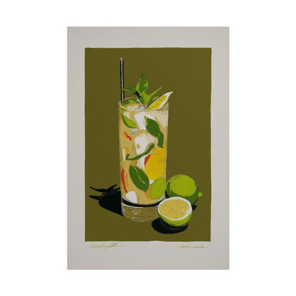 Minimalist illustration of a mojito cocktail with limes and mint.