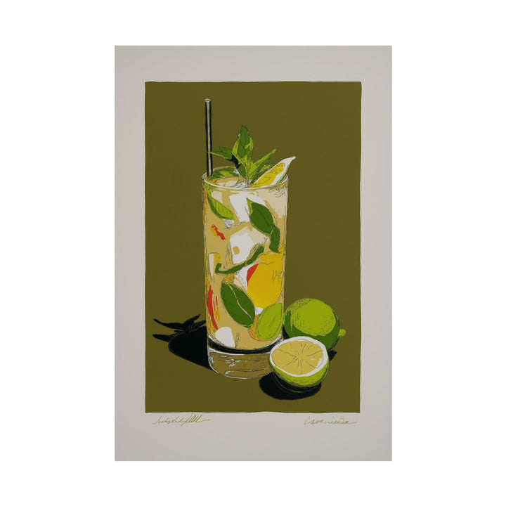 Minimalist illustration of a mojito cocktail with limes and mint.