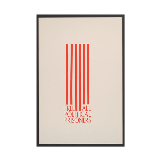 Bold red stripes with text reading "Free All Political Prisoners."