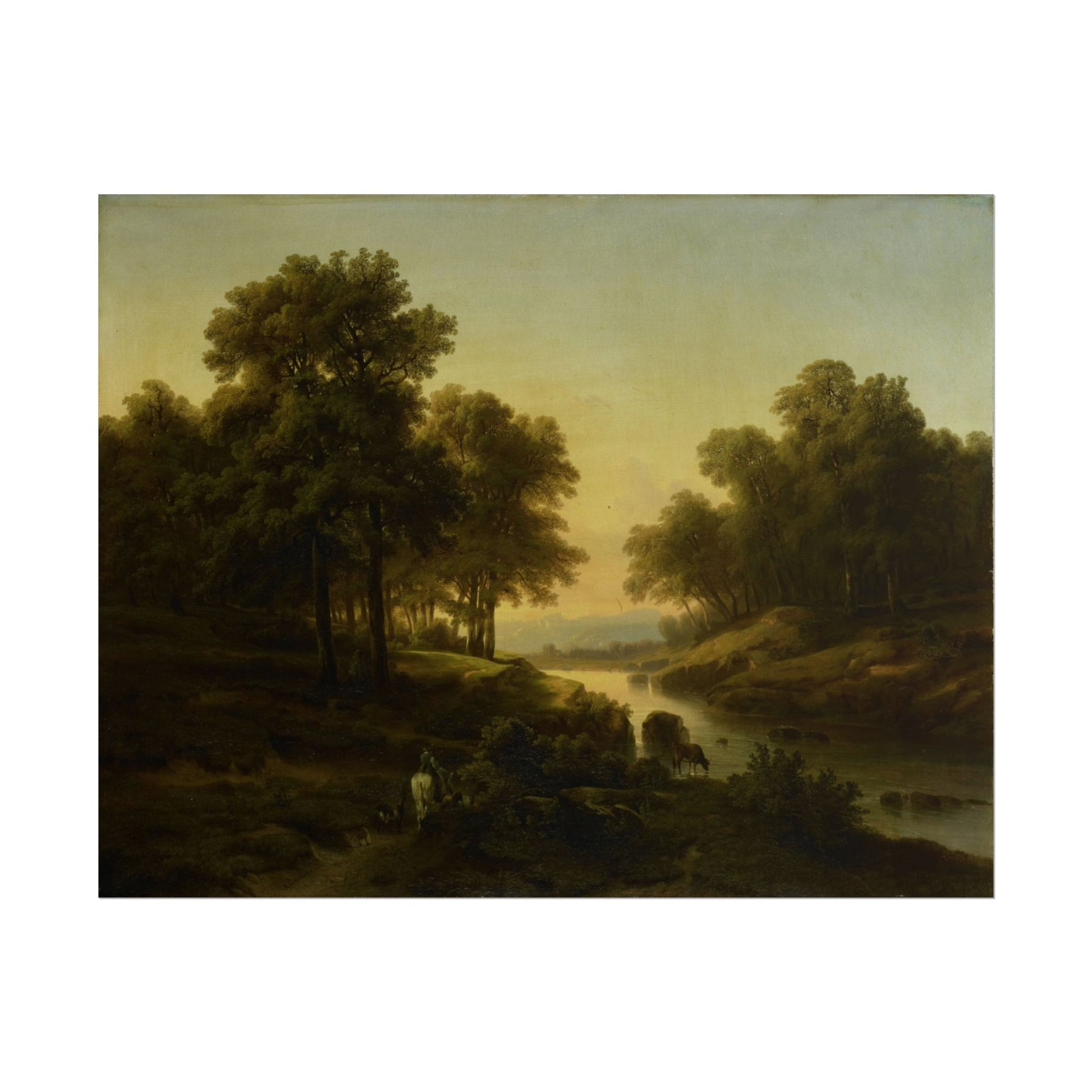 Serene landscape with trees and river in warm light