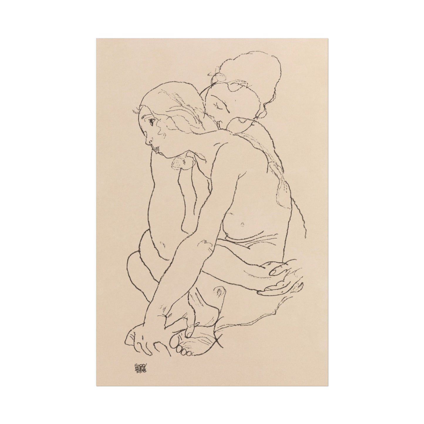 Line drawing of a woman and girl embracing in a tender pose.