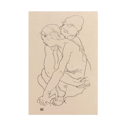 Line drawing of a woman and girl embracing in a tender pose.
