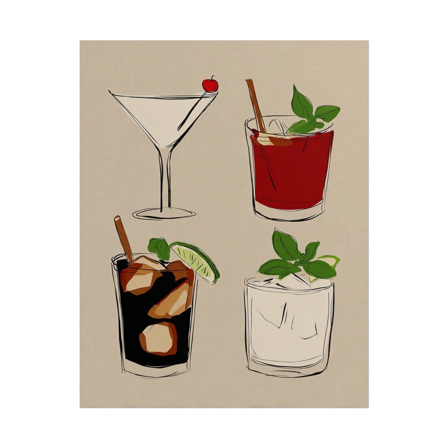 Minimalist illustrations of various cocktails on a beige background.