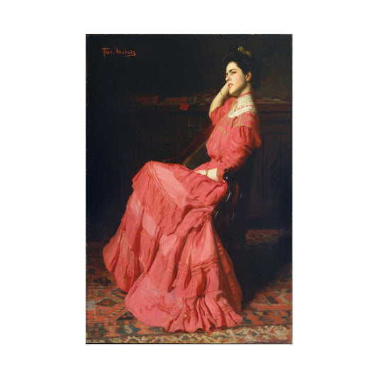 Portrait of a woman in a pink gown, seated, with a contemplative expression.