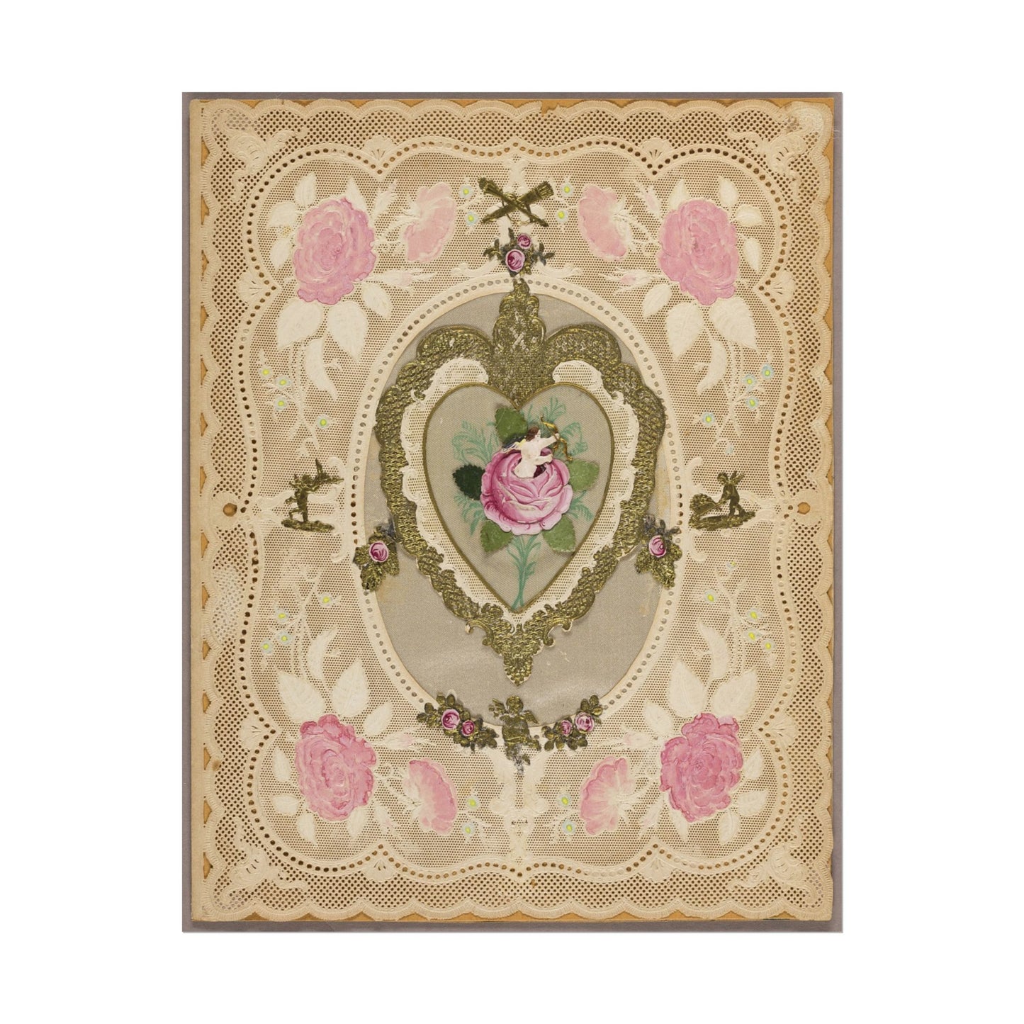Vintage print featuring pink flowers and intricate lace design.