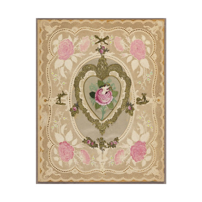 Vintage print featuring pink flowers and intricate lace design.