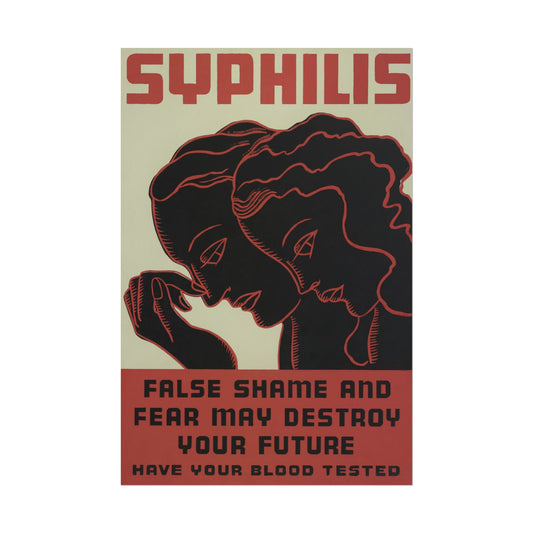 Vintage Syphilis Awareness artwork featuring two profiles and bold text.