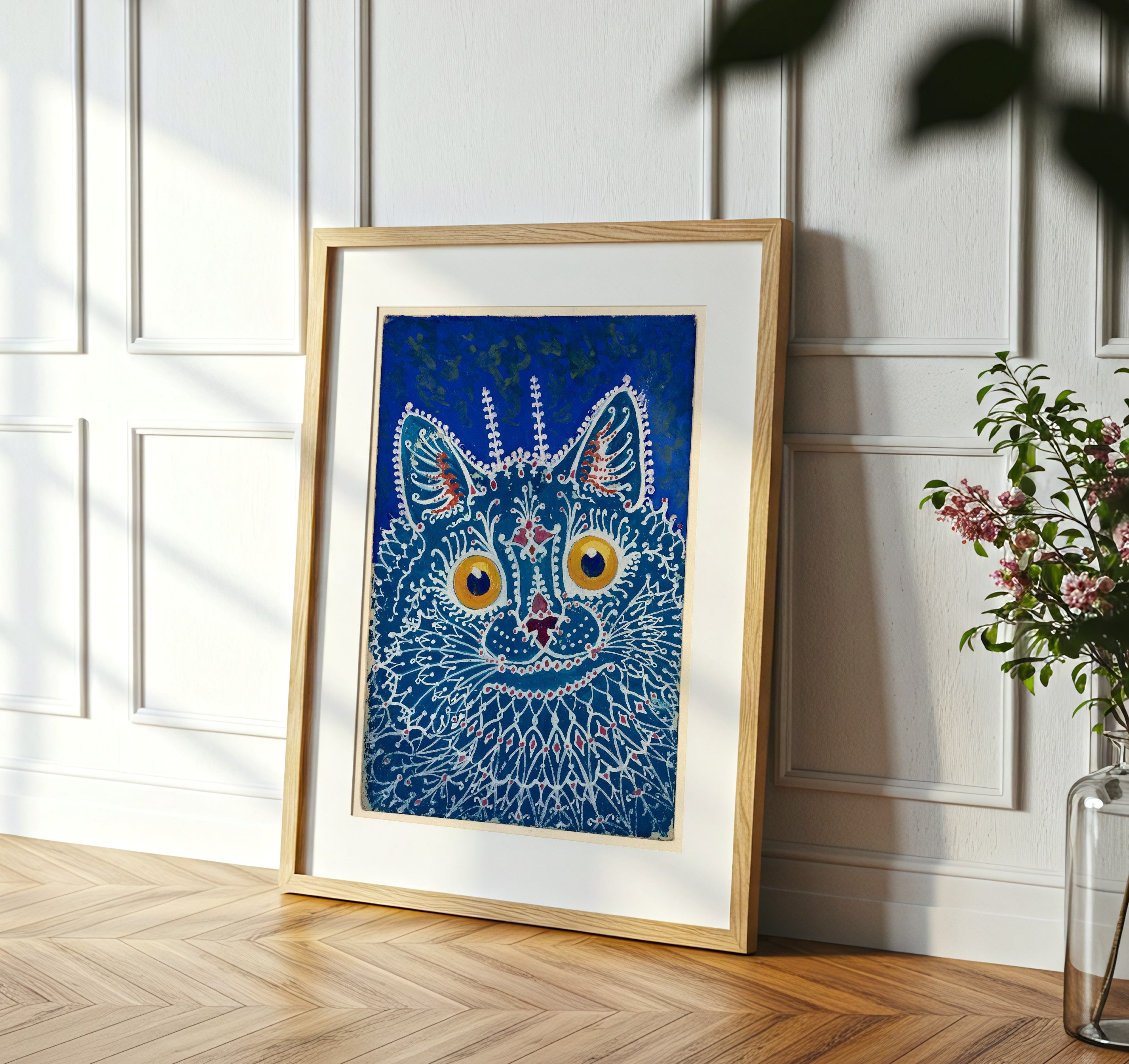 Gothic Cat illustration by Louis Wain framed on a wall