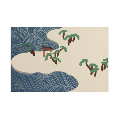 Stylized ocean waves and greenery with a torii gate.