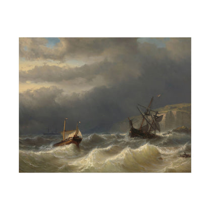 Tumultuous seascape with sailing vessels in a stormy sky.