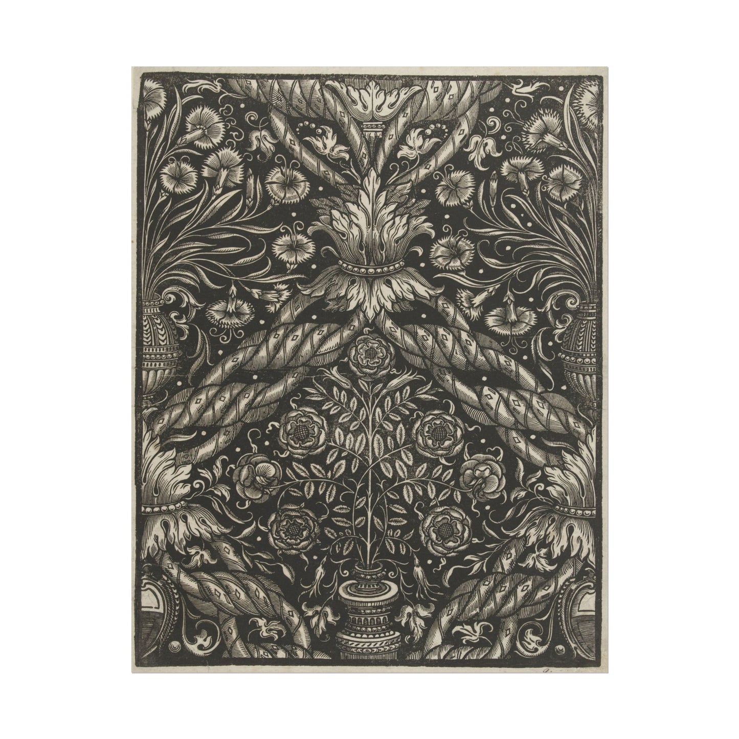 Detailed black-and-white floral and vase pattern textile print.