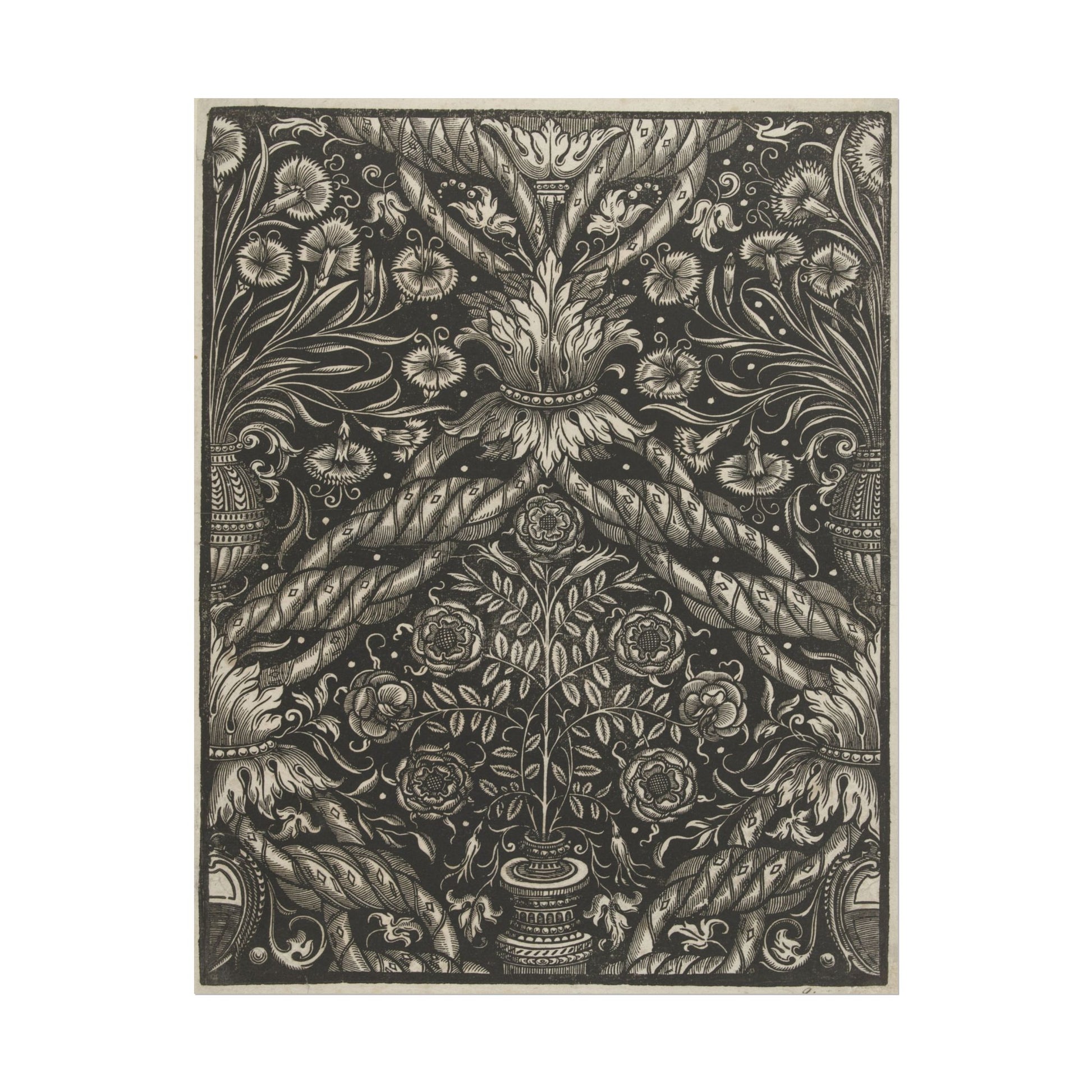 Detailed black-and-white floral and vase pattern textile print.