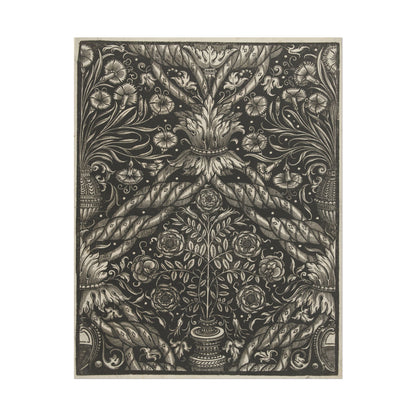 Detailed black-and-white floral and vase pattern textile print.