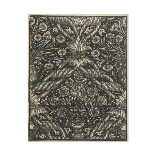 Detailed black-and-white floral and vase pattern textile print.