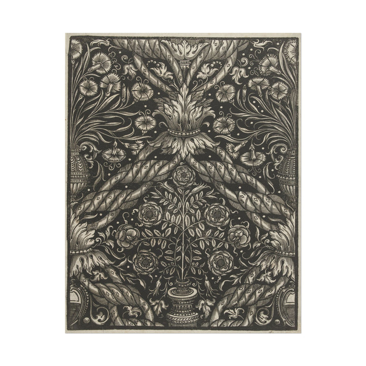 Detailed black-and-white floral and vase pattern textile print.