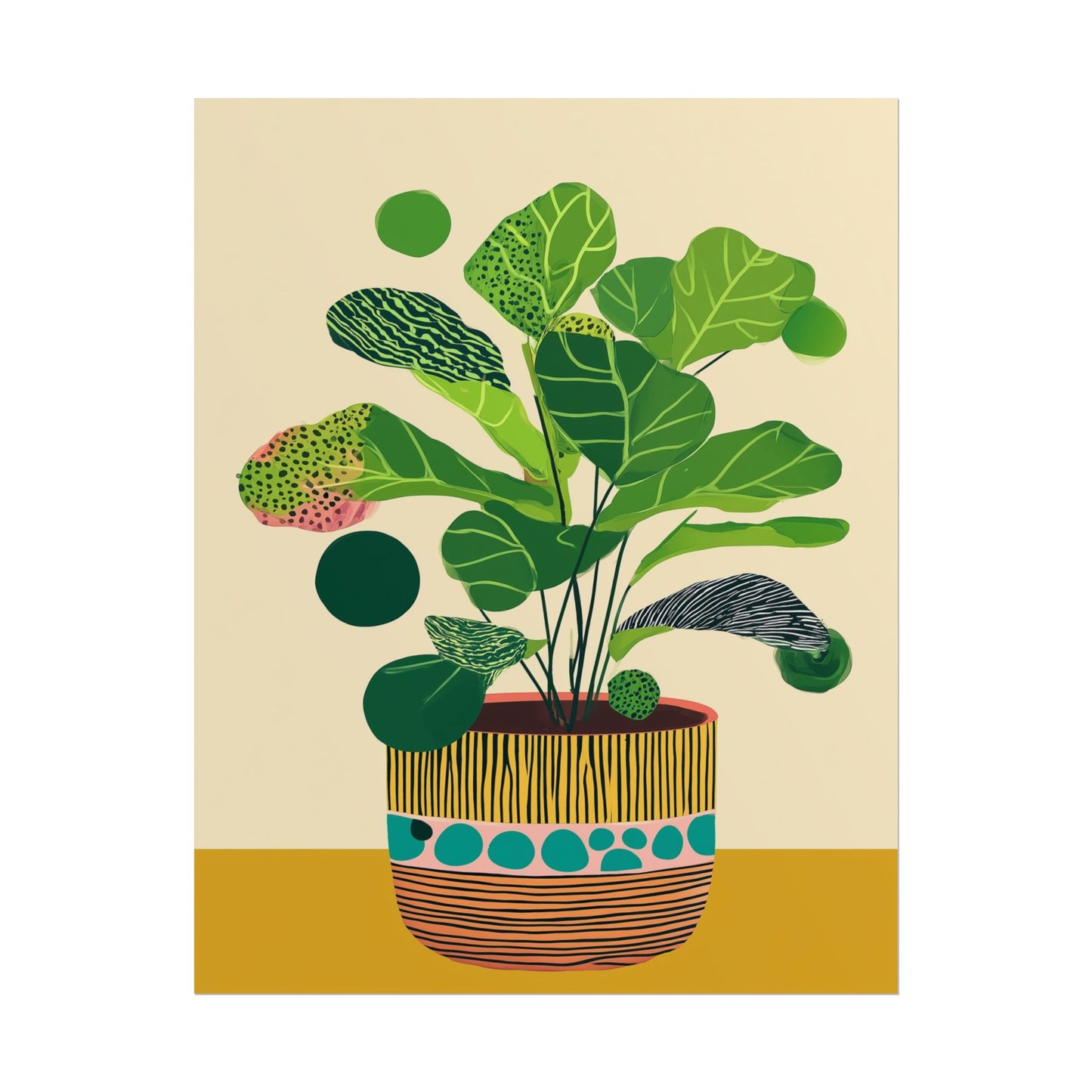 Decorative print of lush green leaves in abstract pottery