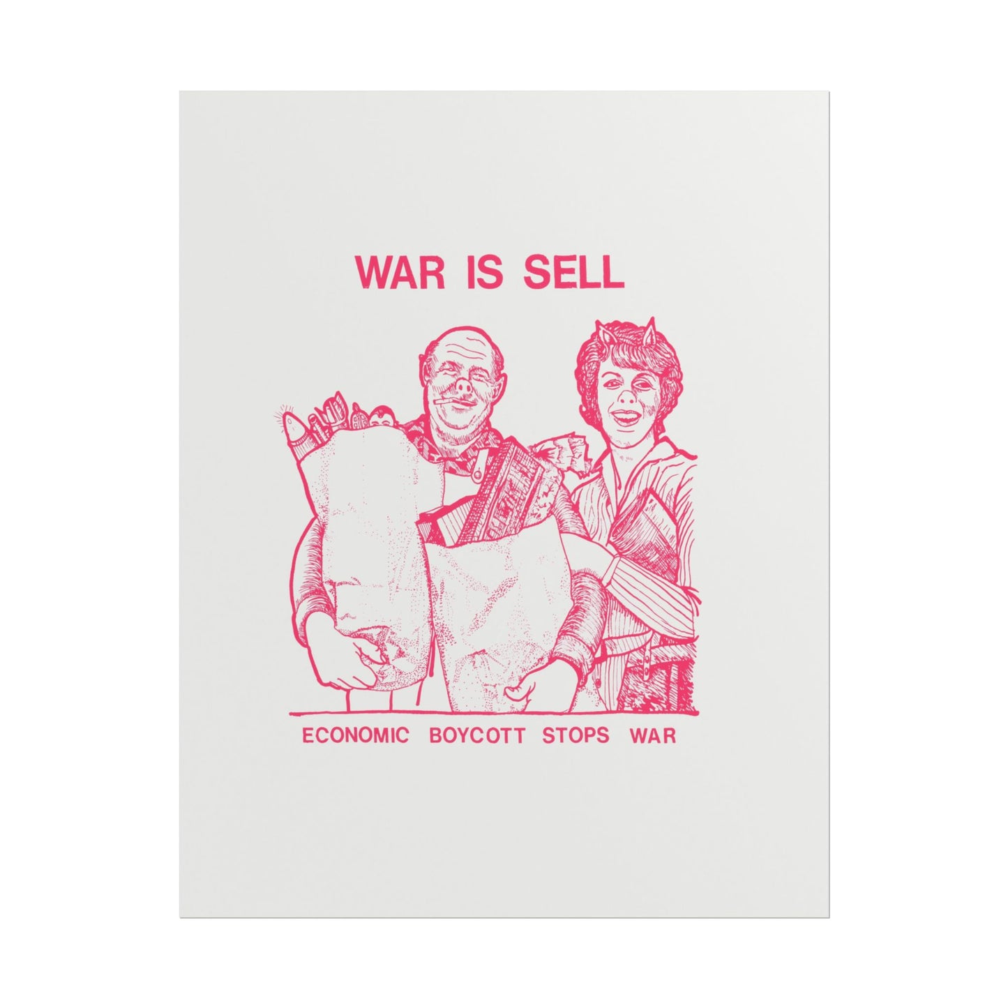 Pink illustration of two people with shopping bags and a slogan.