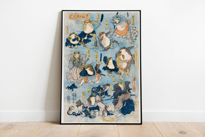 Samurai Frogs poster by Utagawa Kuniyoshi  - Black frame wall art