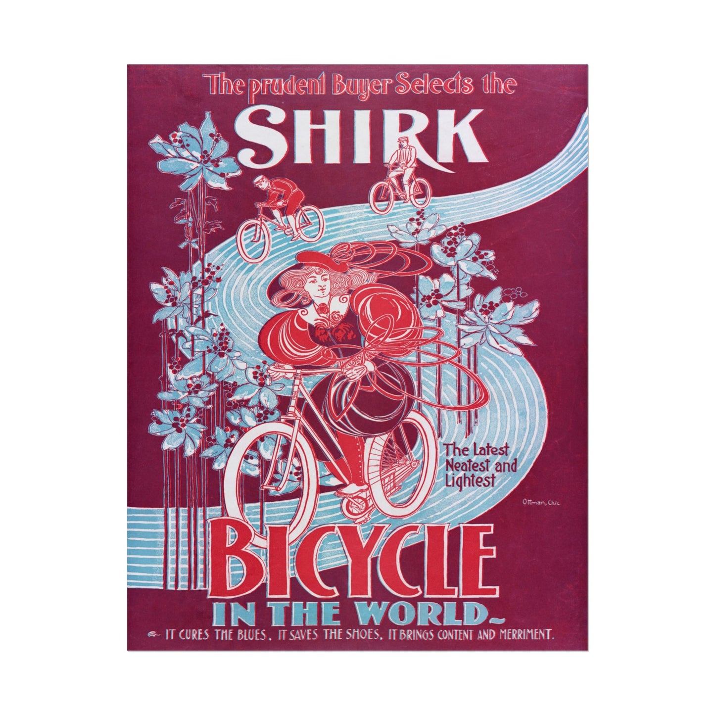 Woman riding a bicycle surrounded by floral designs in vibrant colors.