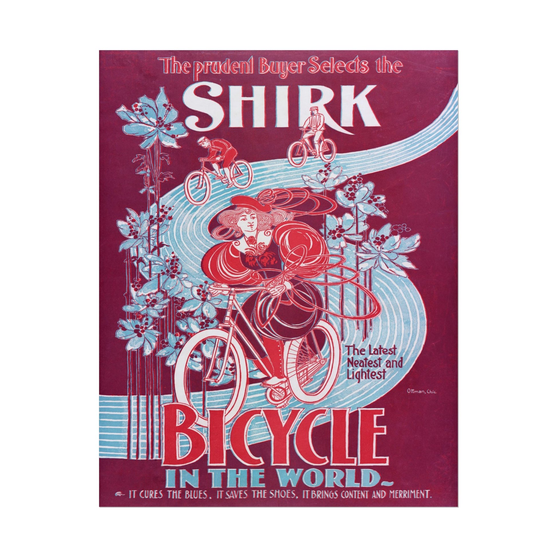 Woman riding a bicycle surrounded by floral designs in vibrant colors.