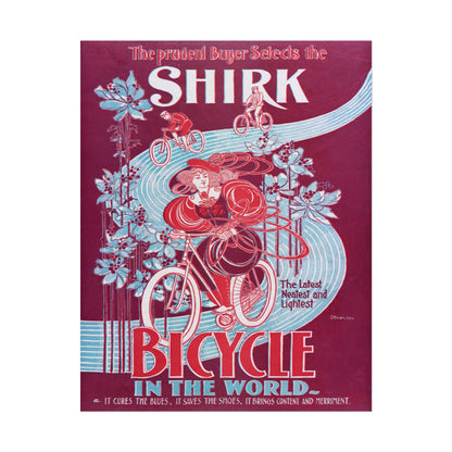 Woman riding a bicycle surrounded by floral designs in vibrant colors.