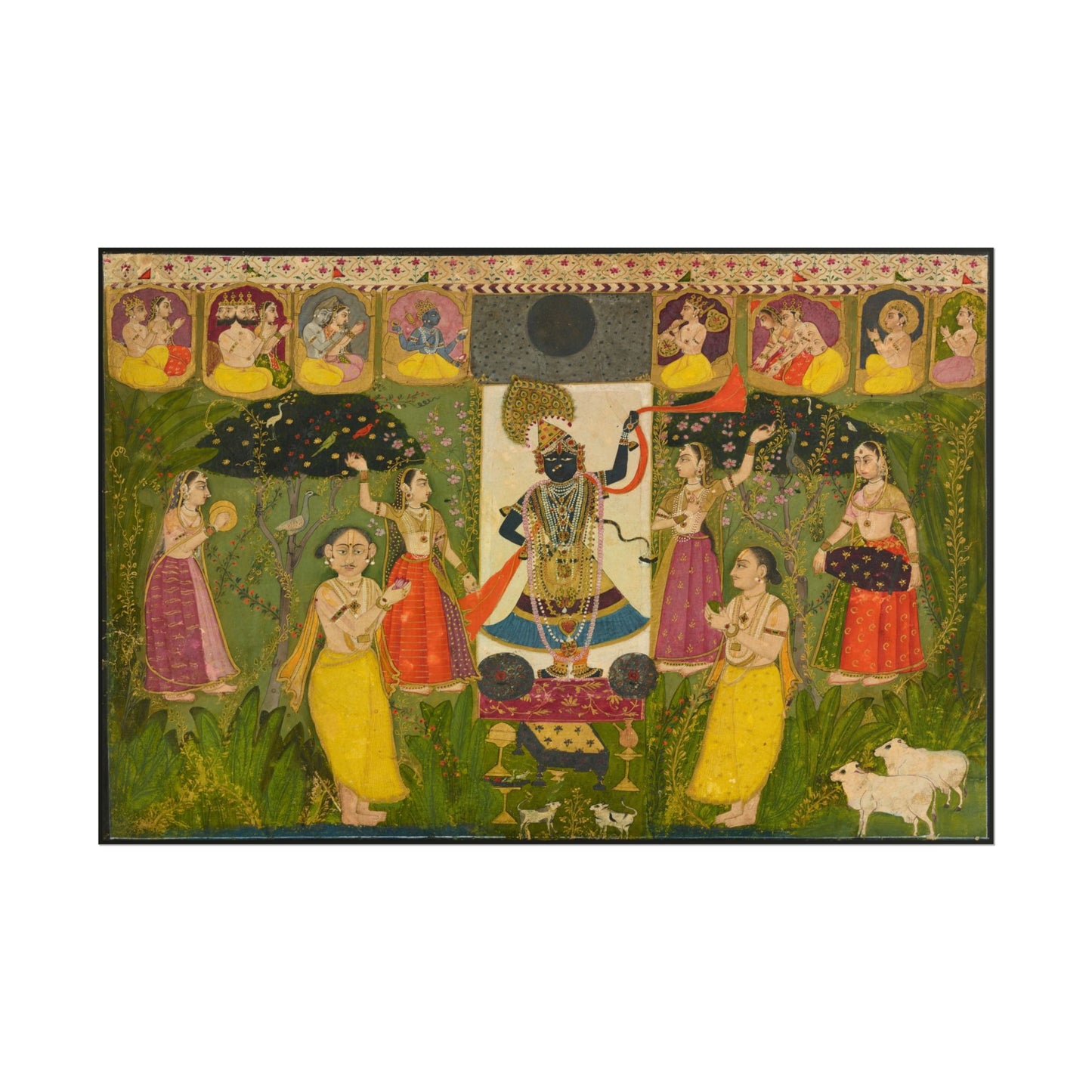 Hindu devotees worship Shri Nathji with vibrant colors and symbolism.