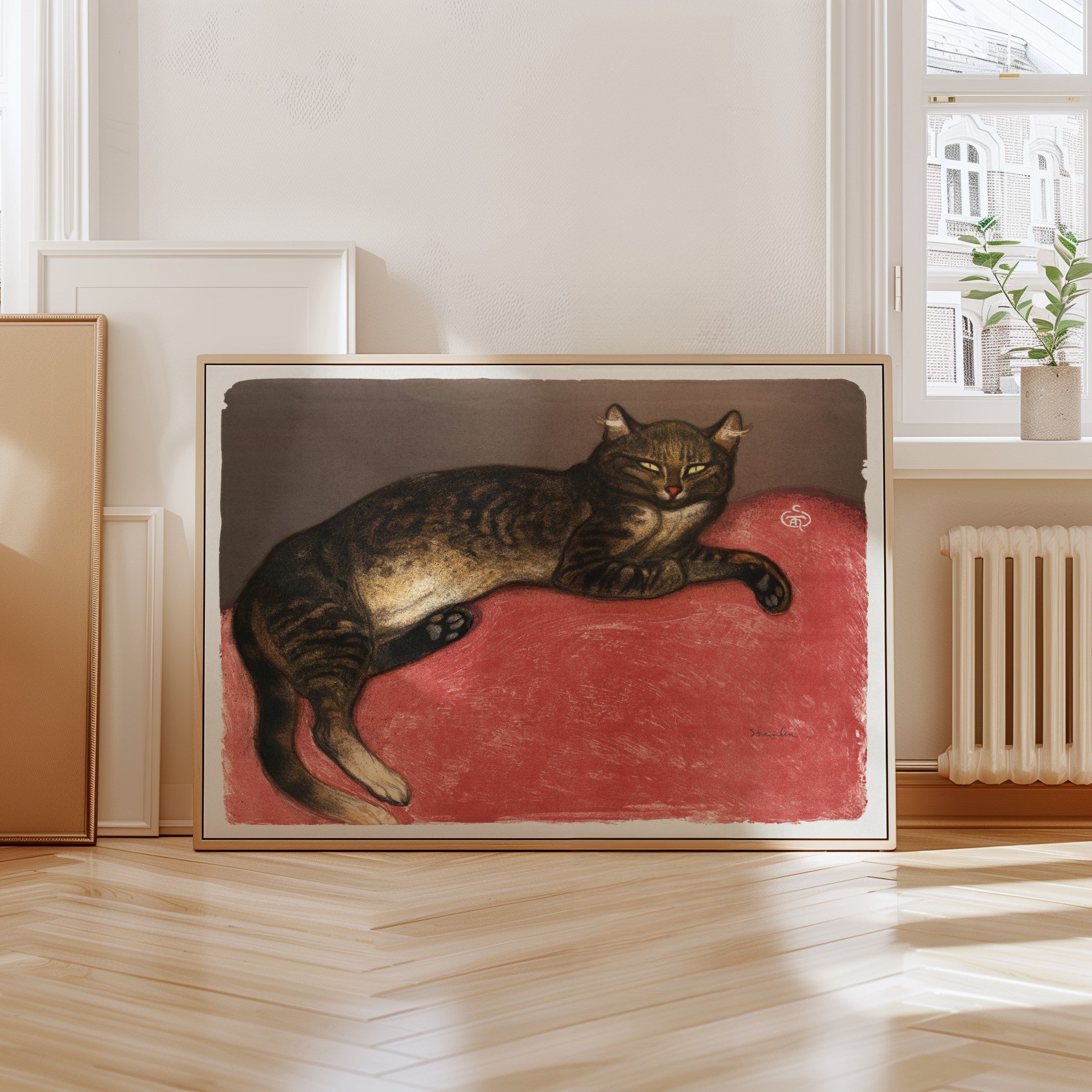 Cat on Cushion print by Theophile Steinlen framed on a wall