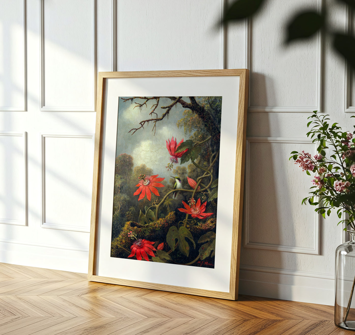 Hummingbird and Passionflowers