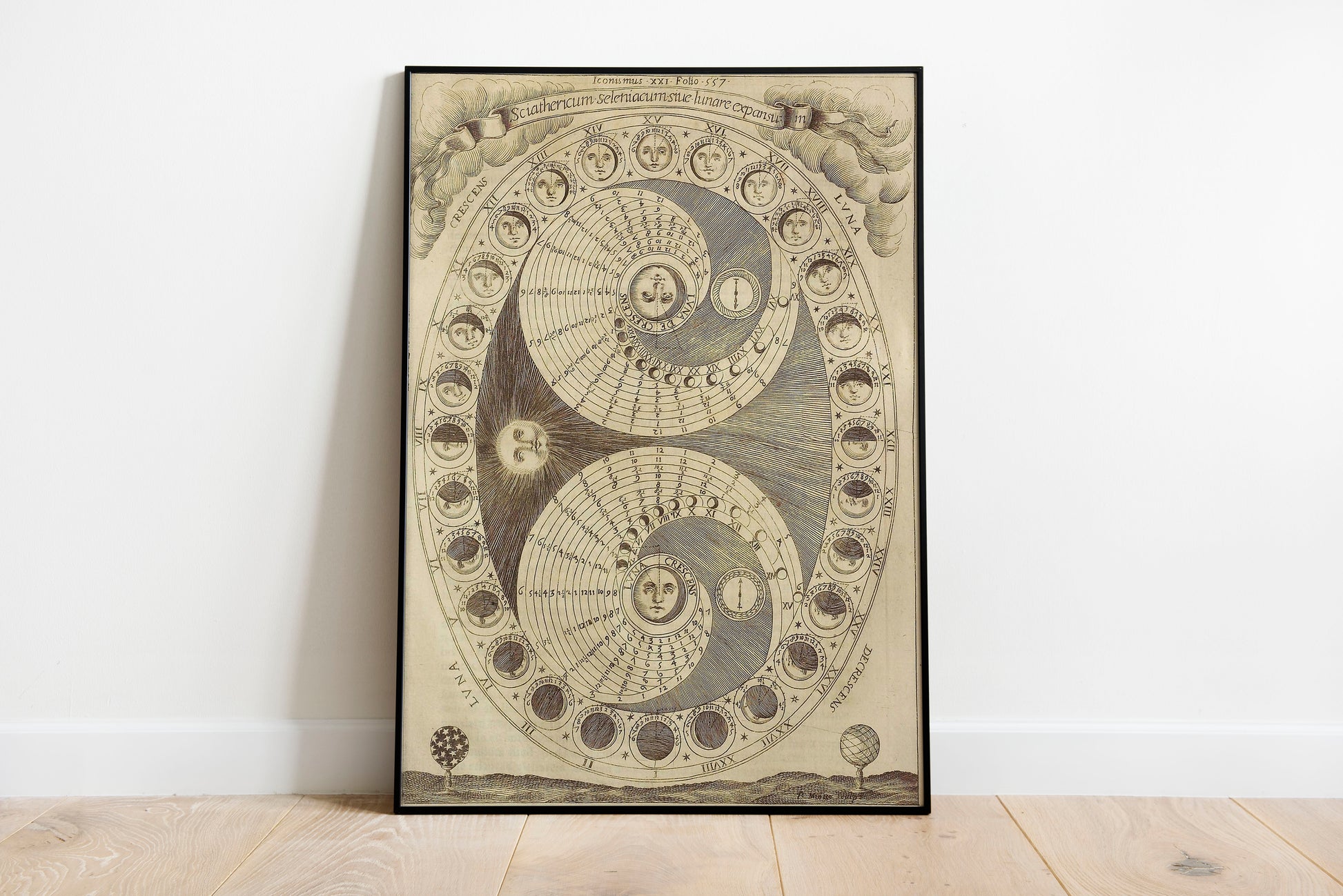 Antique Moon Phases poster by Athanasius Kircher - Black frame wall art