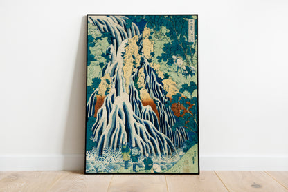 Pilgrims at Kirifuri Waterfall on Mount Kurokami poster by  Katsushika Hokusai - Black frame wall art