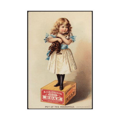 Vintage illustration of a girl holding a kitten and a soap box.