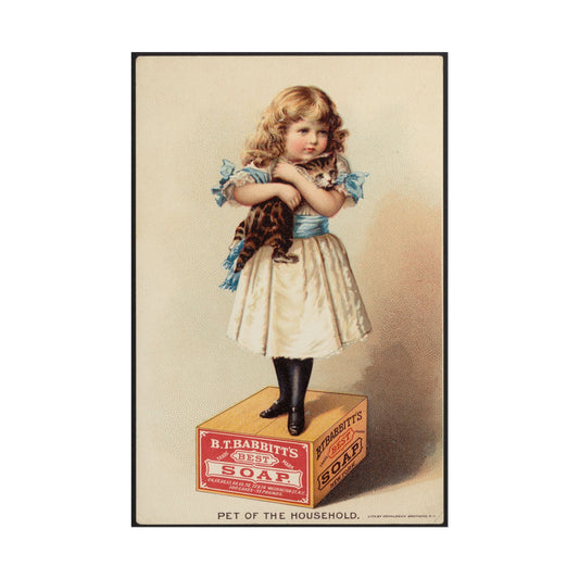 Vintage illustration of a girl holding a kitten and a soap box.