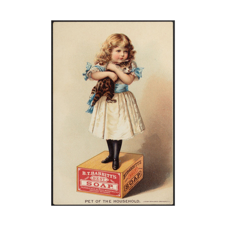 Vintage illustration of a girl holding a kitten and a soap box.