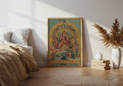 Shri Shri Durga with Mahisha Trisula Lakshmi Saraswati poster by John Bauer  - Neutral room decor with framed print