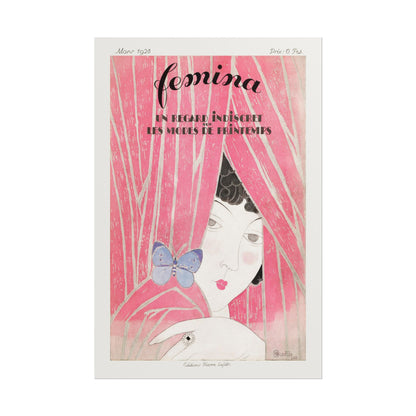 Vintage 1928 fashion print with woman behind pink drapery and butterfly.