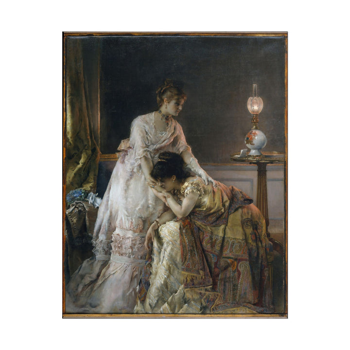 Two women in elegant gowns share a tender moment after a ball.