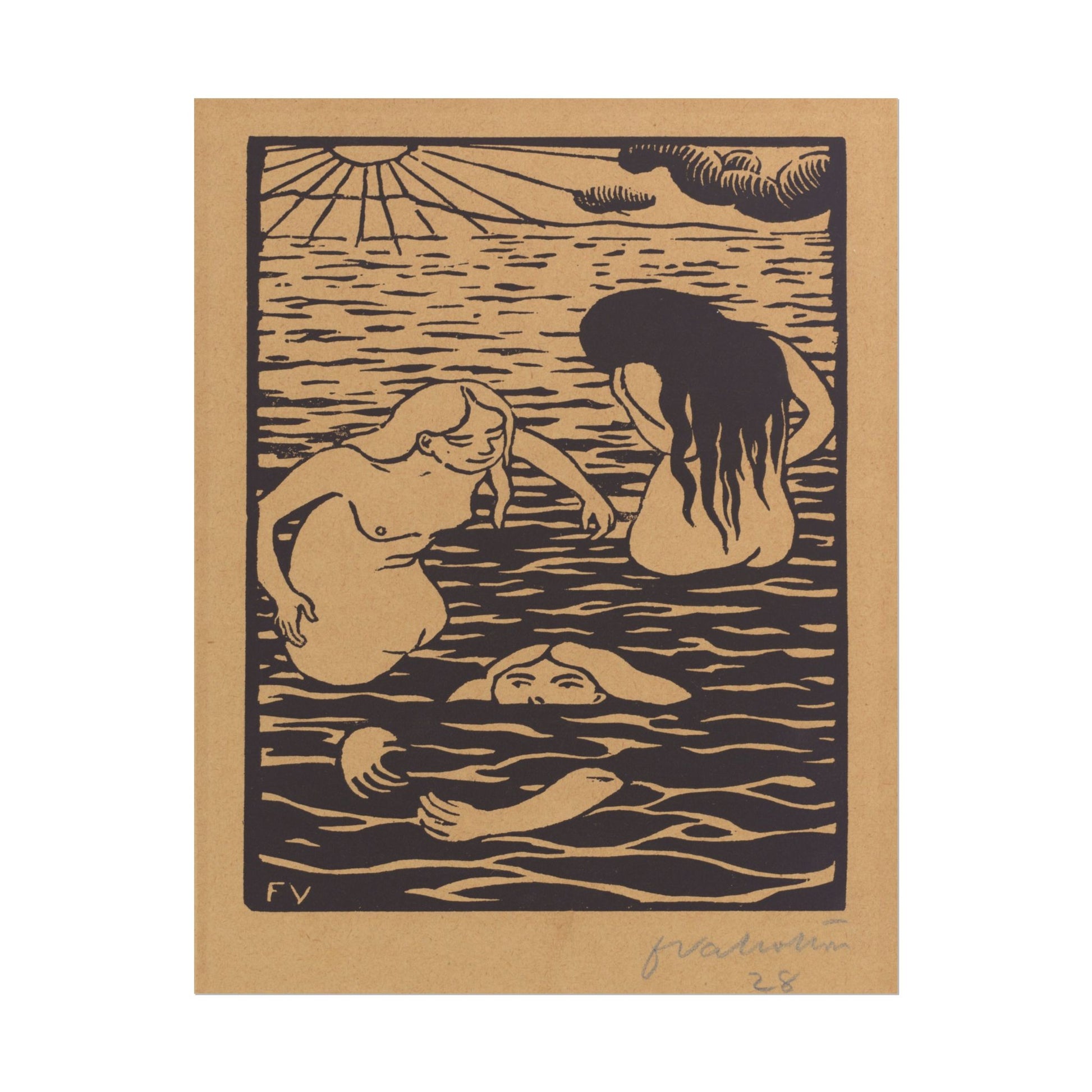 Three bathers interacting in serene water under sunlight.
