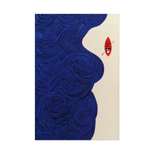 Swirling blue ocean waves with a red surfboard in a kayak.