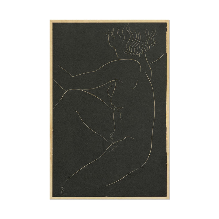 Minimalist line drawing of a seated female nude by Eric Gill.