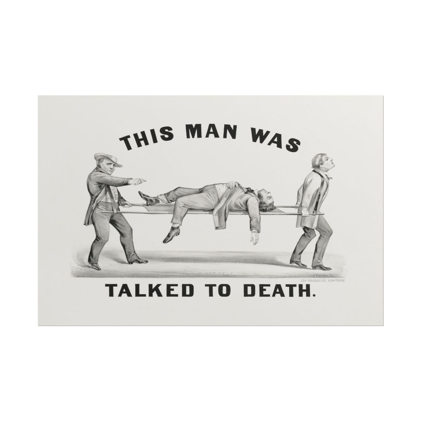 Vintage illustration of a man carried on a stretcher, humorously depicted.