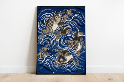 Fukusa with Carp in Waves during Meij period poster by Kawase Hasui & Watanabe Shozaburo - Black frame wall art