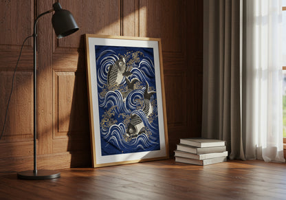 Fukusa with Carp in Waves during Meij period poster by Kawase Hasui & Watanabe Shozaburo - Neutral room decor with framed print
