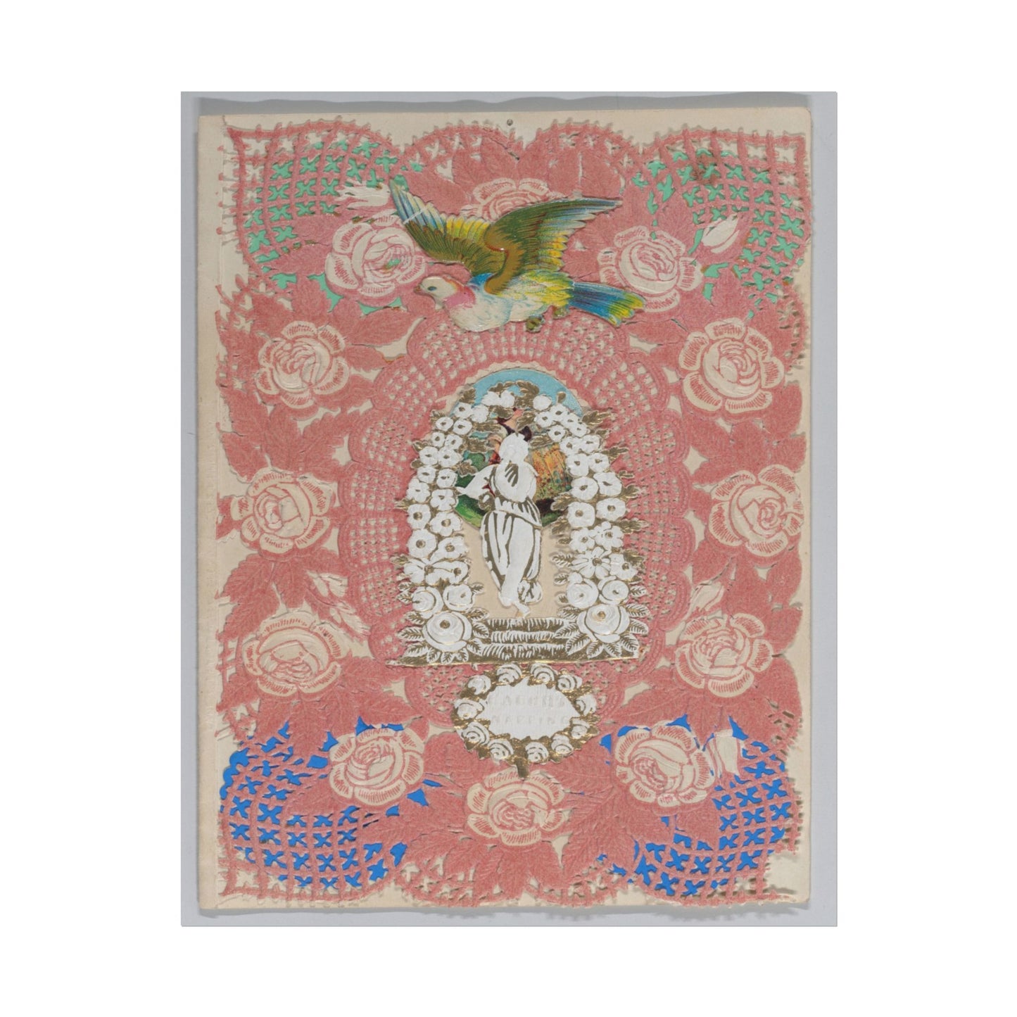 Vintage Valentine print featuring roses and a flying bird.