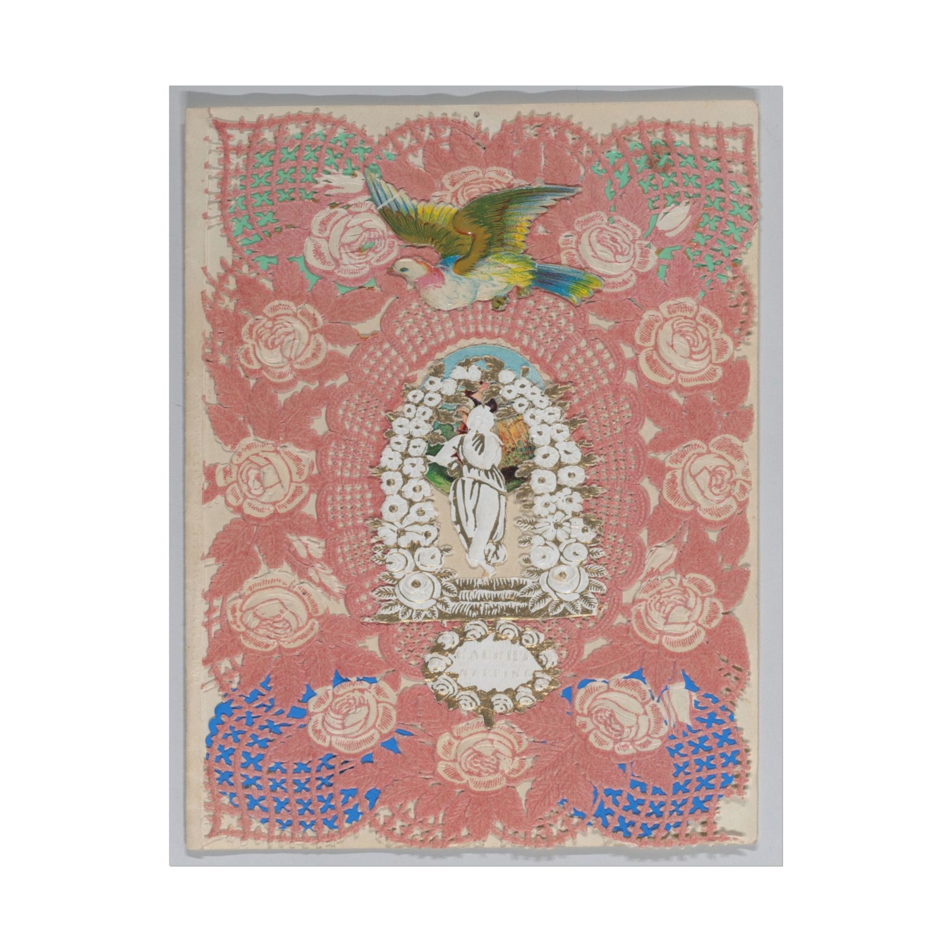 Vintage Valentine print featuring roses and a flying bird.